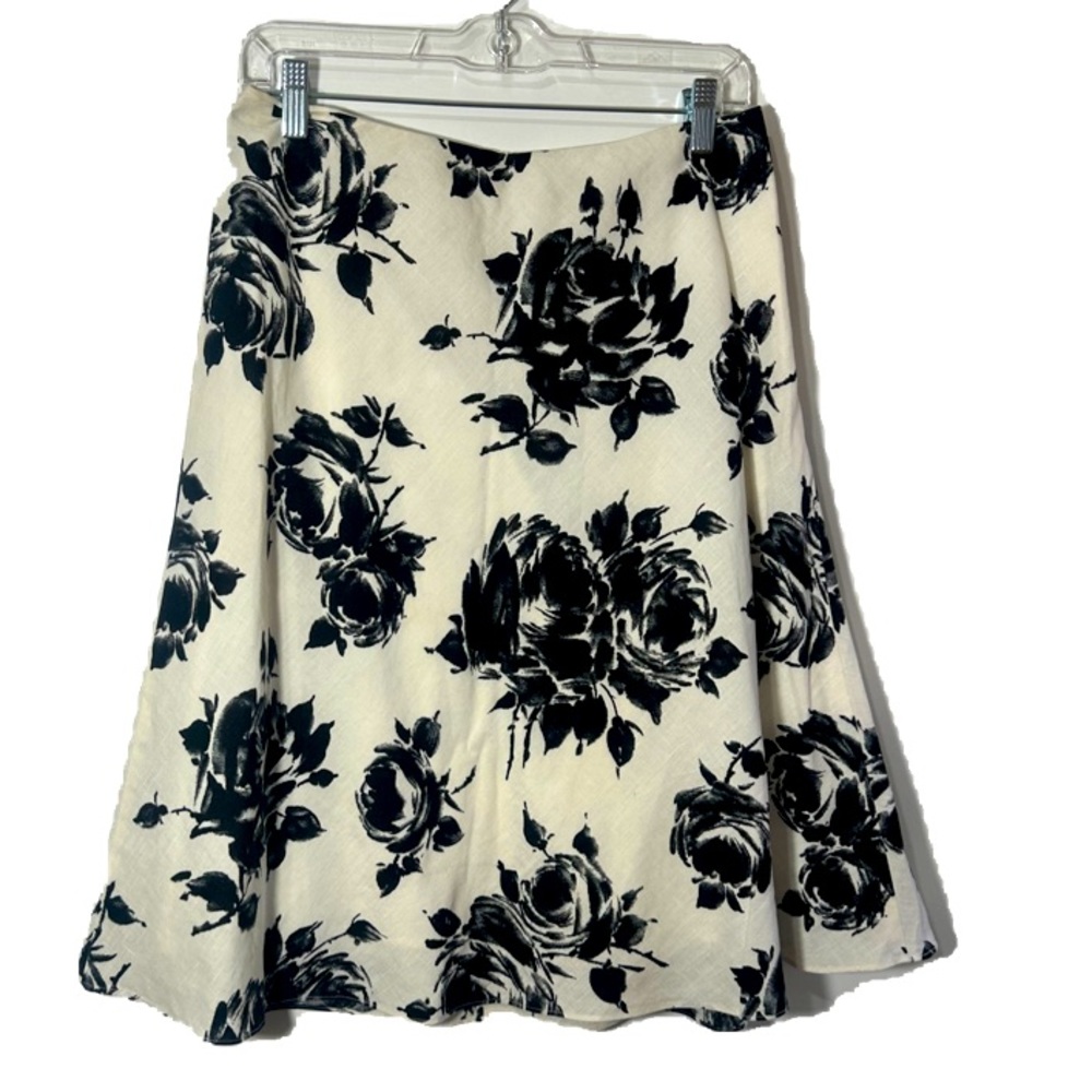 TALBOTS100%LINEN FLORAL MIDI FLARE SKIRT SIDE ZIPPER CREAM AND BLACK SIZE 8